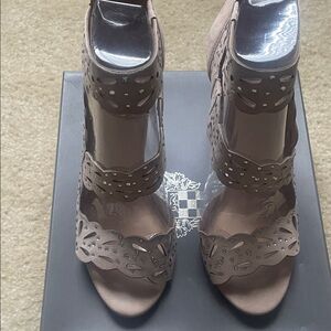 Vince Camuto Taupe Laser-Cut Ankle Strap Heels